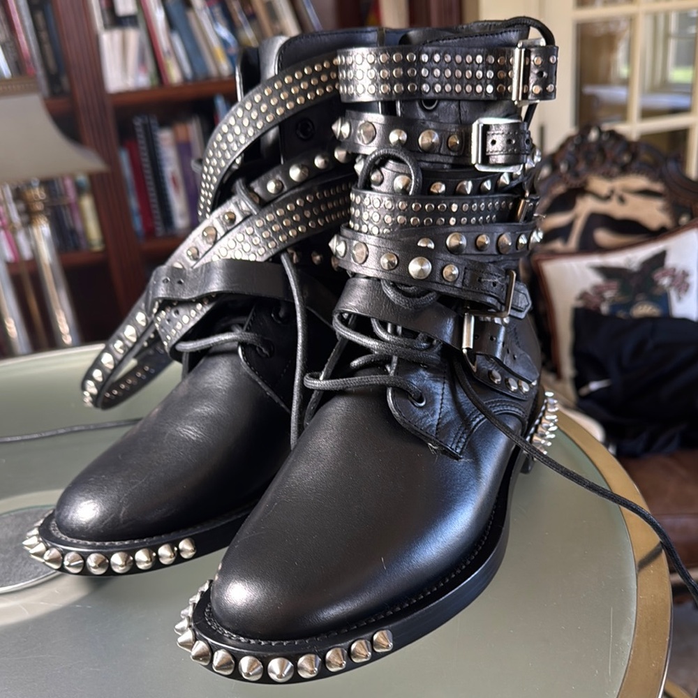 Saint Laurent Black Combat Moto Boots with Studded Straps
